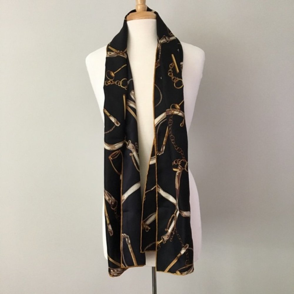 Vintage Black Equestrian Chain Print Scarf - Gold & White Accents, 68”